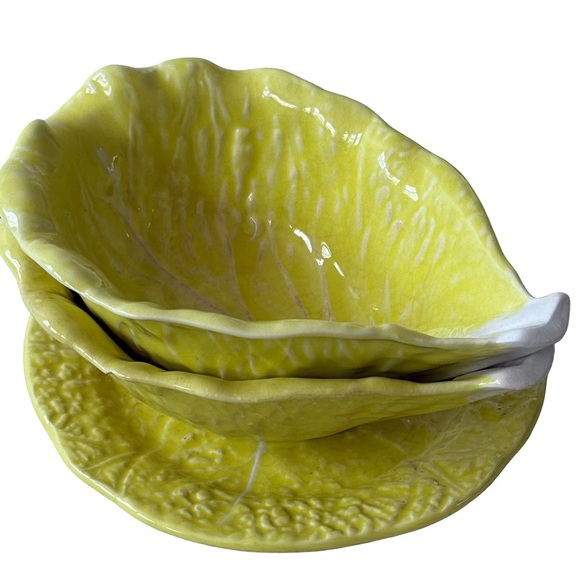 SECLA PORTUGAL Vintage Yellow Cabbage Leaf Serving Bowls and Small Plate - Picture 3 of 10